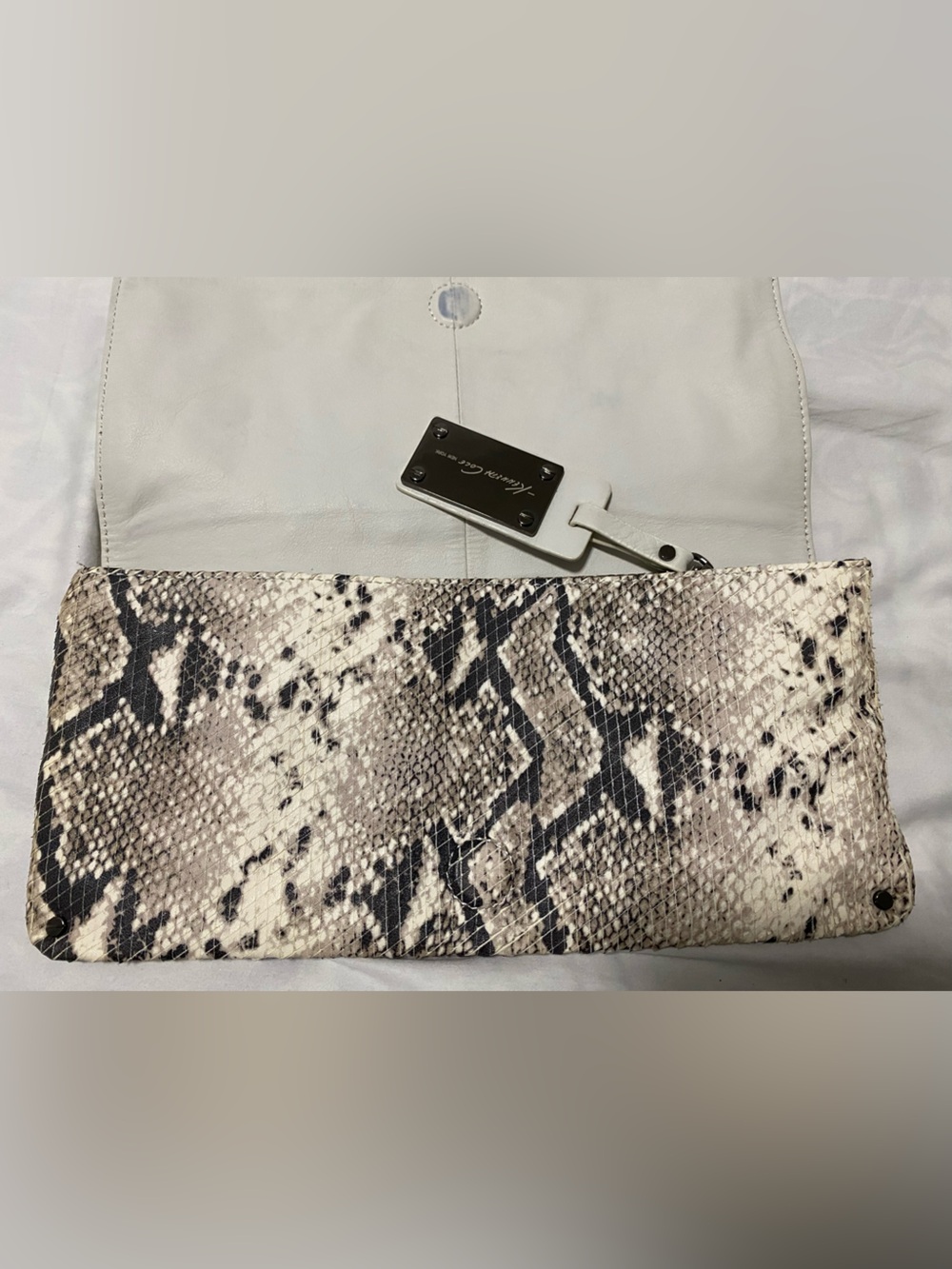 Kenneth Cole Snake-Print Clutch in Black and Cream